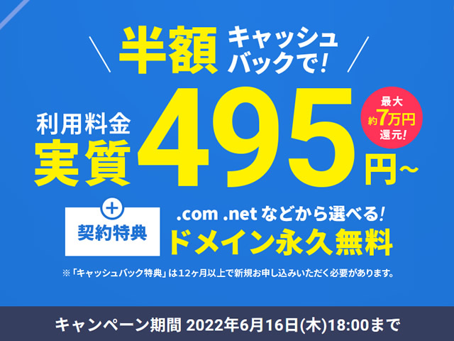 エックスサーバー、12ヶ月以上の契約で利用料金が実質半額となるキャンペーンを実施。ドメイン永久無料も。