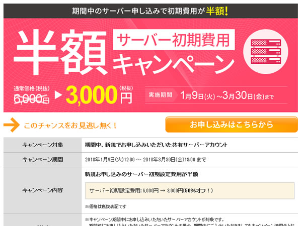 シックスコア、レンタルサーバーの初期費用6,000円が半額になるキャンペーンを実施。